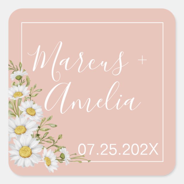 Moderne Blush & White Daisise Hochzeit Quadratischer Aufkleber (Vorderseite)