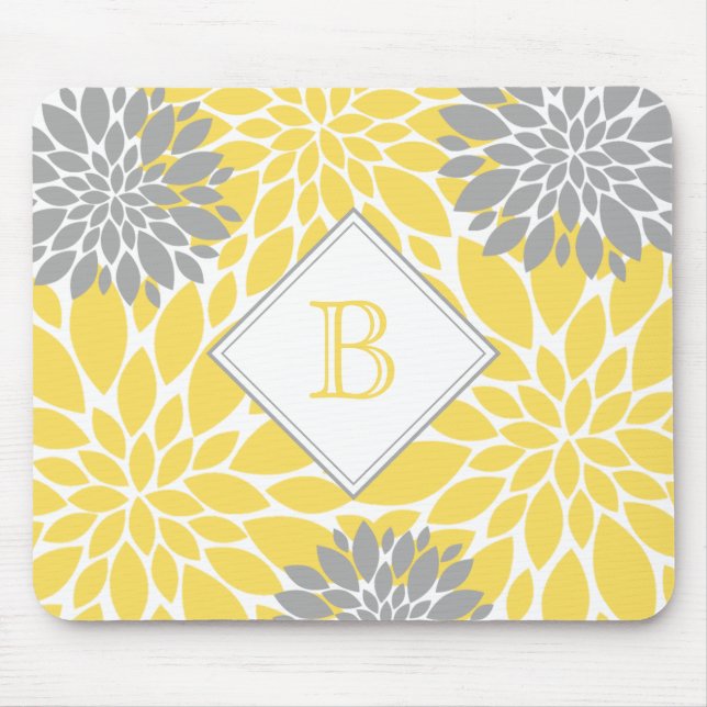 Moderne Blüten, Anfangsmonogramm, gelb grau Mousepad (Vorne)