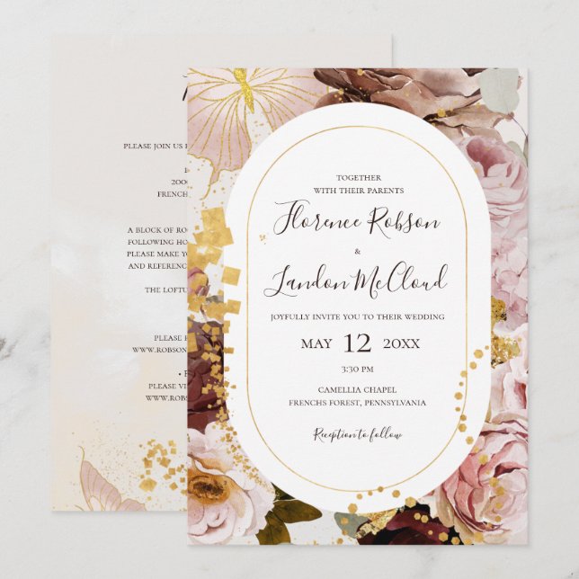 Moderne, blütenfarbene Wasserfarbe in einer Hochze Einladung (Vorne/Hinten)