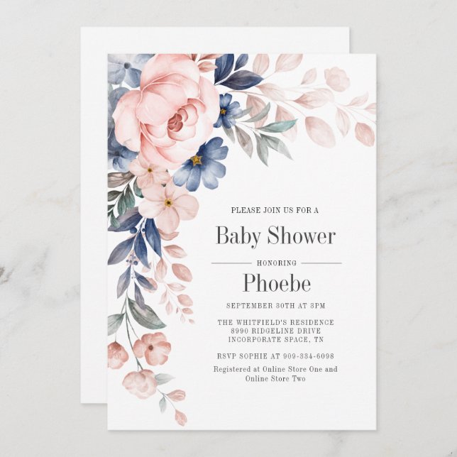 Moderne Blütenpink Blauer Bläserblütendusche Einladung (Vorne/Hinten)