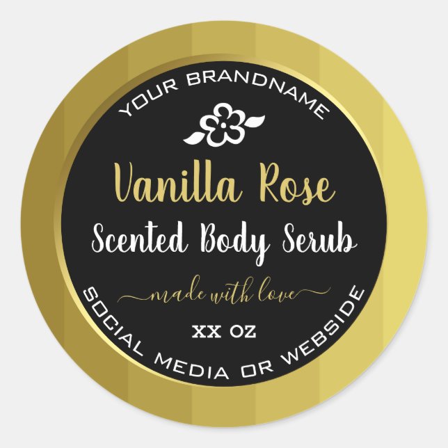 Moderne Body Serub Packing Labels Gold und Schwarz Runder Aufkleber (Vorderseite)