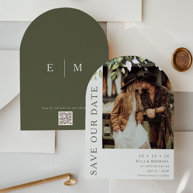 Moderne Bogenfolien-Hochzeit speichern die Datumsk Einladung (Greenery Foliage Save The Date Card, Arch Greenery Wedding Save The Date Card, Photo QR code)