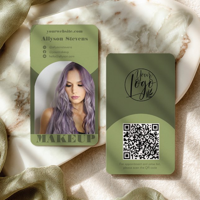 Moderne Bogenschminke grünes Foto-QR-Code-Logo Visitenkarte (Modern arch makeup green photo qr code logo business card)