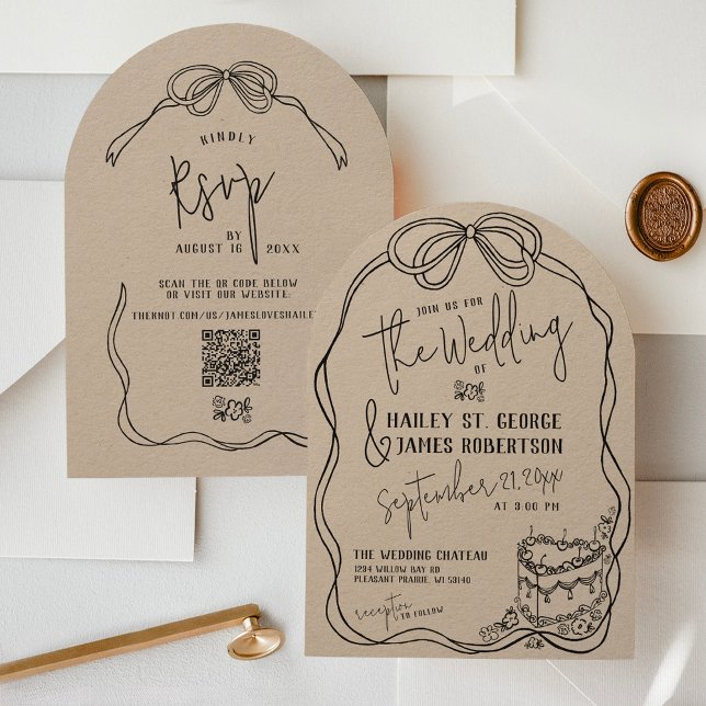 Moderne bohelle handgezogene Bogen KRAFT Retro Hoc Einladung (Rustic kraft and black simple hand drawn whimsical quirky coquette bow frame modern wedding invite)