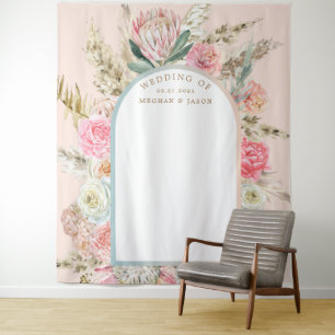 Moderne Bohemian-Blush-Blumen-Hochzeitswandteppich Wandteppich