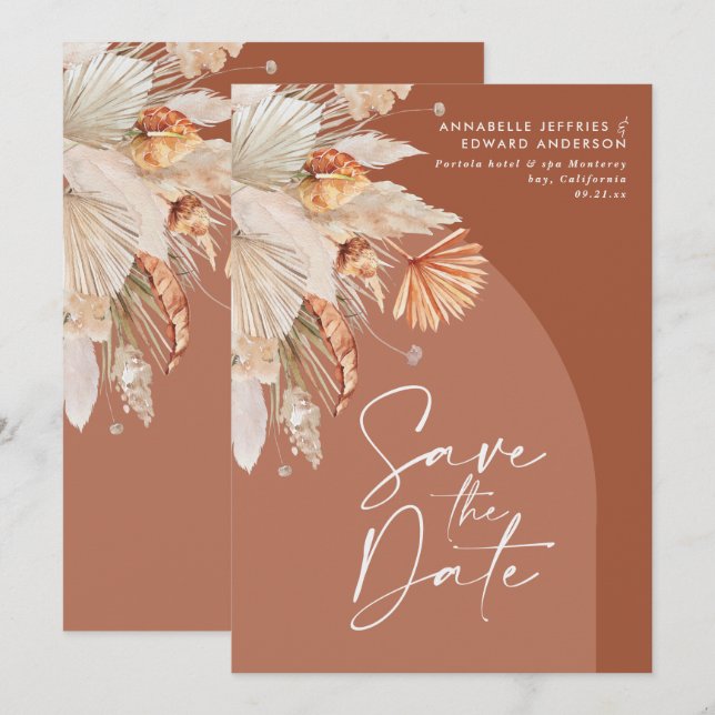 Moderne bohemianische Terracotta Pampas Gras stilv Save The Date (Vorne/Hinten)