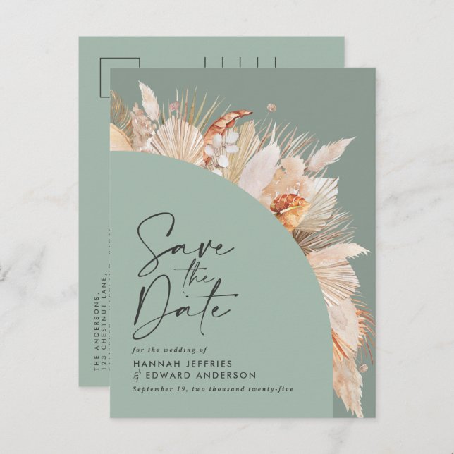 Moderne bohemianische Terracotta Pampas Gras Weide Ankündigungspostkarte (Vorne/Hinten)