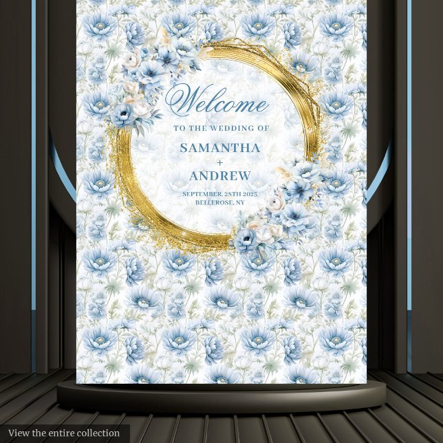 Moderne Bohemische Hochzeitsgeschichte Wandteppich (Modern Bohemian Light Blue Gold Wedding Backdrop)