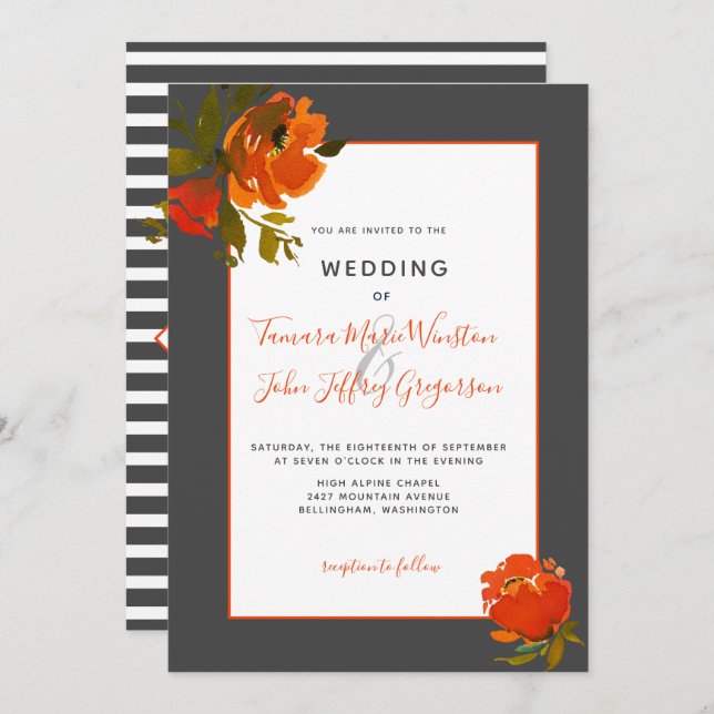 Moderne Bohemische Orange Gray Floral Wedding Einladung (Vorne/Hinten)