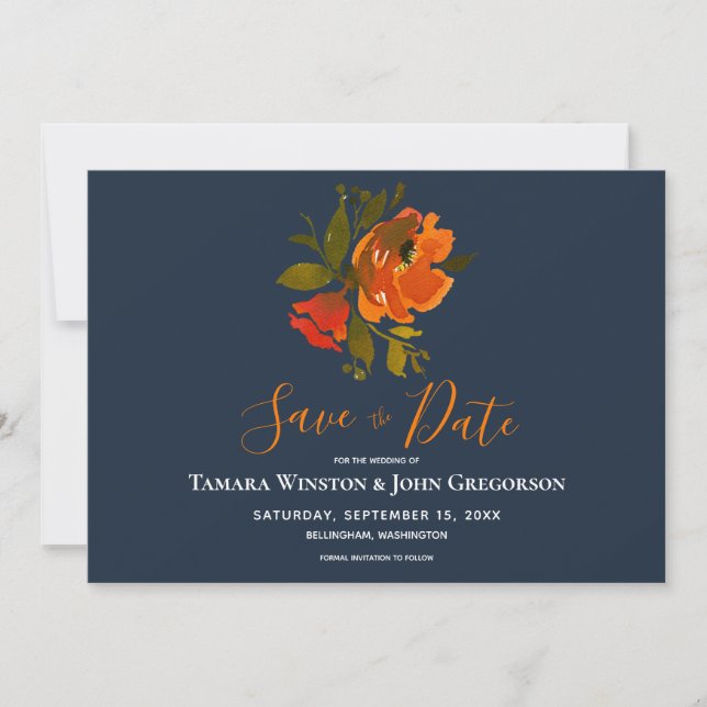Moderne Bohemische Orangenblumenhochzeit Save The Date (Vorderseite)