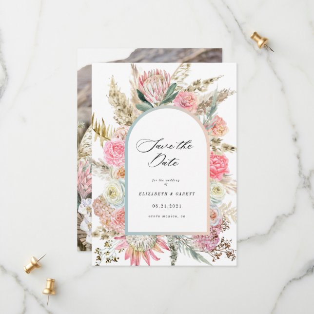 moderne böhmische Blumenkarte Save the Date (Vorderseite/Rückseite Beispiel)