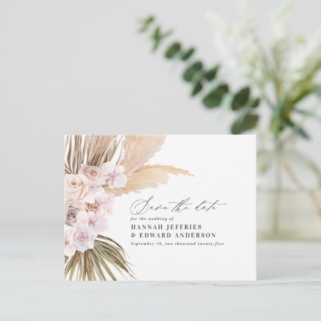 Moderne böhmische Pampas-Gras-Orchideen-Hochzeitsn Ankündigungspostkarte (Stehend Vorderseite)