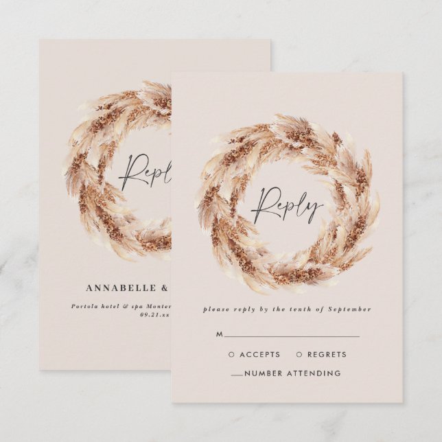 Moderne böhmische Rustikale Pampas Gras Hochzeit RSVP Karte (Vorne/Hinten)