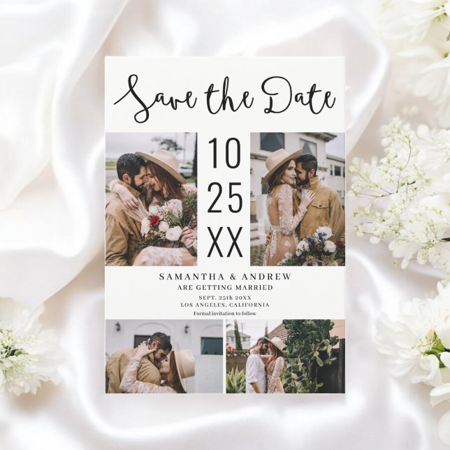 Moderne Boho 4-Foto-Schwarz-weiße Hochzeit Save The Date (Modern Boho 4-Photo Black white Wedding Save The Date)