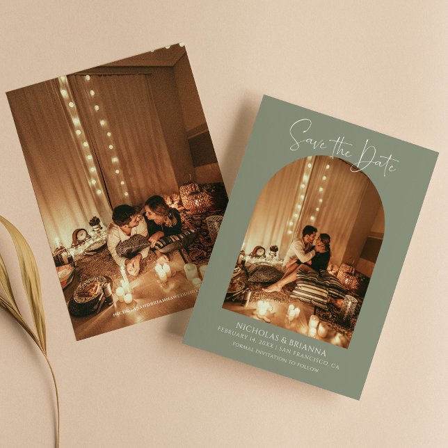 Moderne Boho Arch Foto Sage Green Simple Wedding Save The Date (Von Creator hochgeladen)