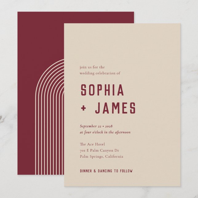 Moderne Boho Arch Red Cream Typografy Wedding Einladung (Vorne/Hinten)