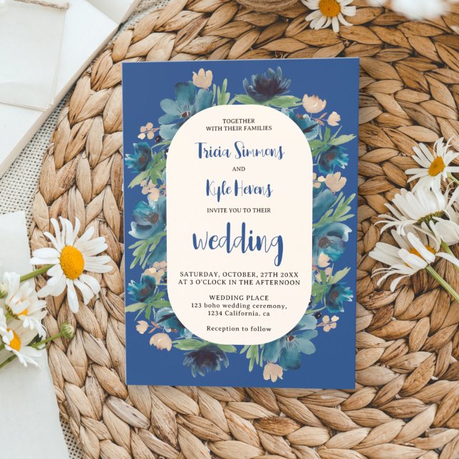 Moderne Boho Bläserne Hochzeit Einladung (Modern Boho blue floral arch script wedding Invitation)