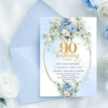 Moderne Boho Blaue Blumen Goldene 90. Geburtstagse