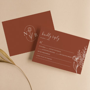 Moderne Boho-Blumen-Terrakotta-Braunorange-Hochzei RSVP Karte