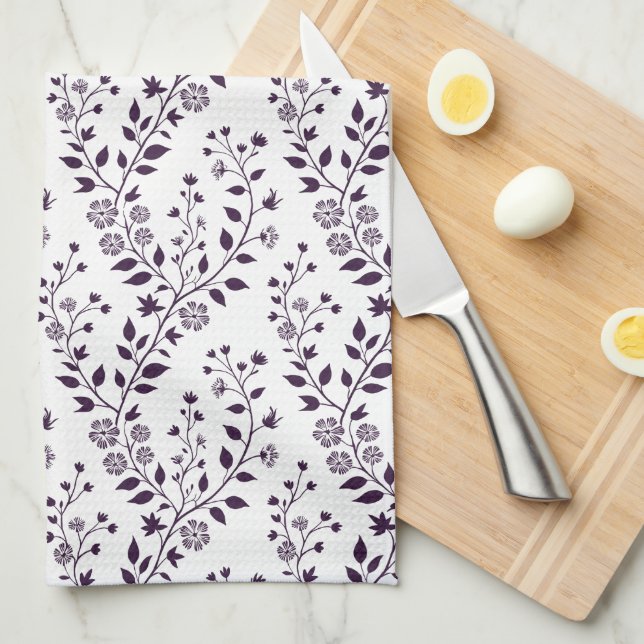 Moderne Boho-Blumenmuster Pflaume Weiß Geschirrtuch (Viertel Falte)