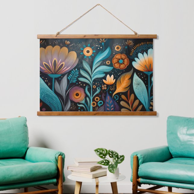 Moderne Boho-Blumentapete Wandteppich Mit Holzrahmen (Wohnzimmer)