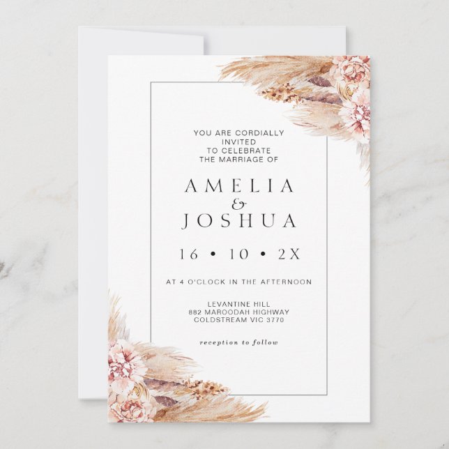 Moderne Boho Blush Pampas Grass Wedding Einladung (Vorderseite)