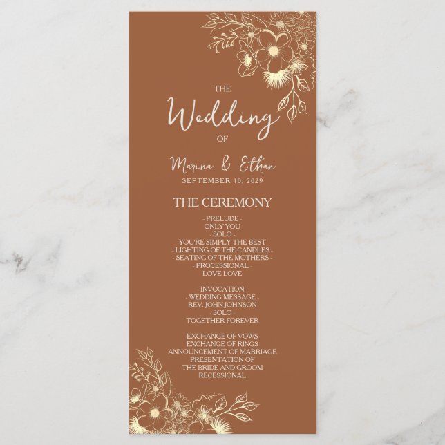 Moderne Boho-Braunorange Hochzeitsprogramm Programm (Vorderseite)