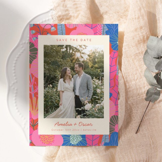 Moderne Boho Bunte Rote Florale Foto Hochzeit Save The Date (Von Creator hochgeladen)