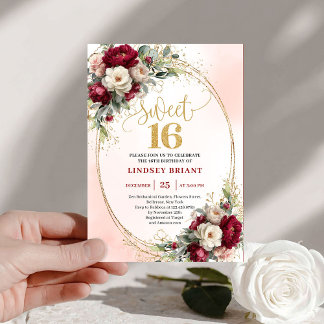 Moderne Boho-Burgund-Gold-Blumen 16. Geburtstag Einladung