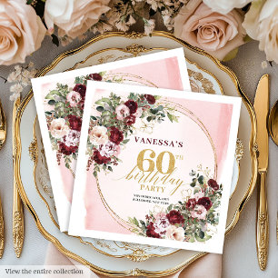 Moderne Boho-Burgund-Gold-Blumen-60er-Jahres-Napki Serviette