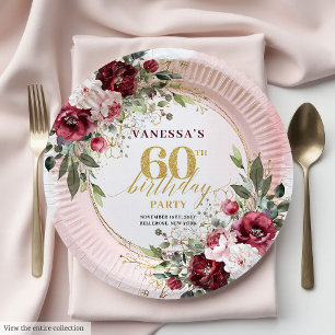 Moderne Boho Burgund Grün Gold 60. Geburtstag Pappteller