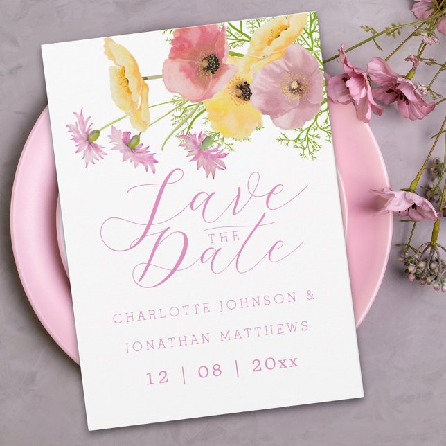 Moderne Boho-Chic Florale Rosa Hochzeit Save The Date (Elegant wildflower watercolor pink yellow floral wedding save the date invitation)