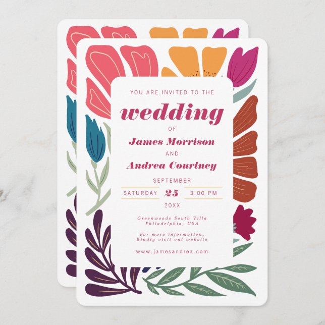 Moderne Boho Chic Retro farbenfrohe blumenreiche H Einladung (Vorne/Hinten)