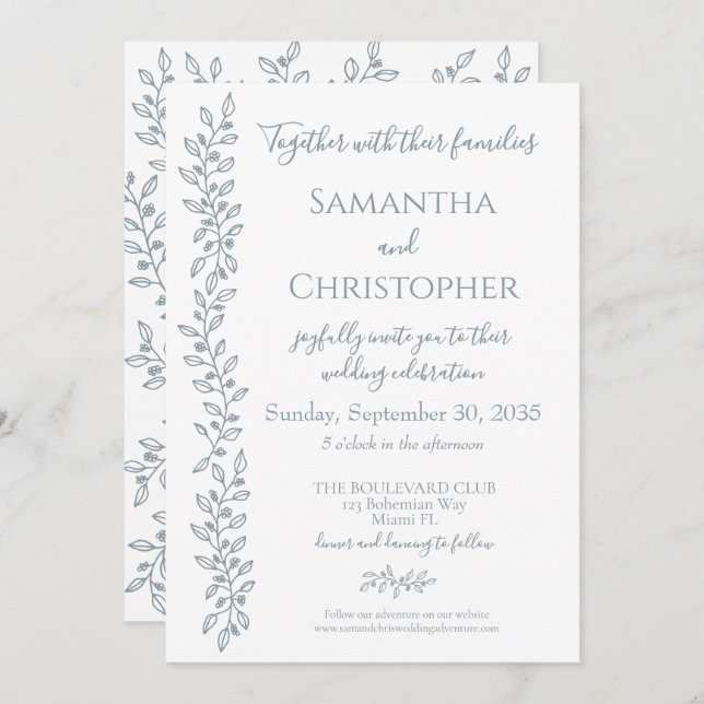 Moderne Boho Dusty Blue Botanical Minimal Wedding Einladung (Vorne/Hinten)