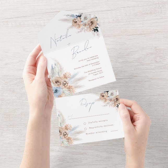 Moderne Boho Dusty Blue Script Wedding All In One Einladung (Abreißen)