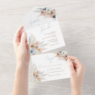 Moderne Boho Dusty Blue Script Wedding All In One Einladung