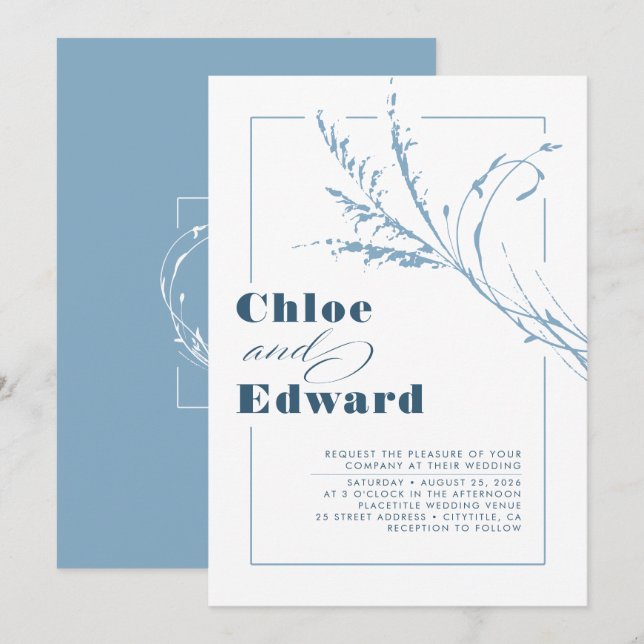 Moderne Boho Dusty Blue und Navy Wedding Einladung (Vorne/Hinten)