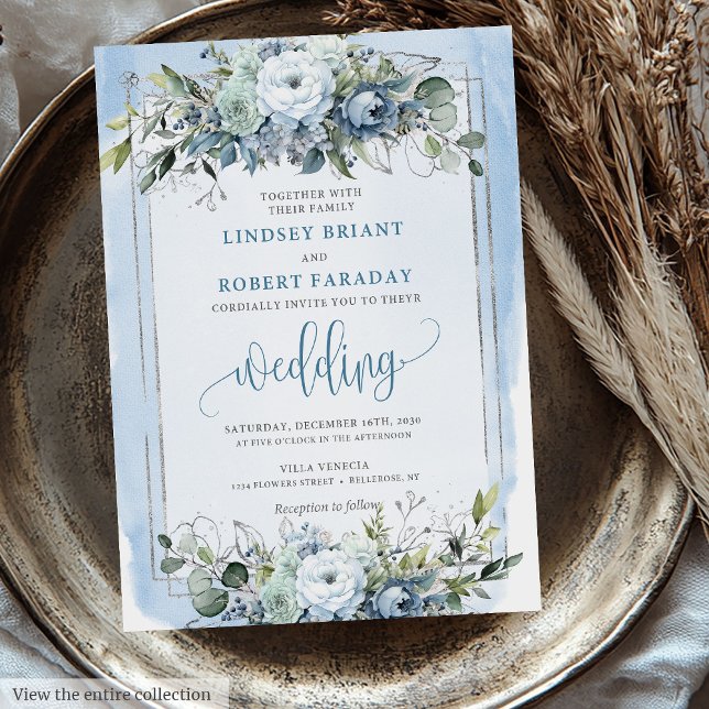 Moderne Boho Dusty Blue White Silver Rose Hochzeit Einladung (Modern Boho Dusty Blue White Silver Roses Wedding Invitation)
