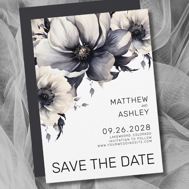 Moderne Boho Elegante Schwarz-weiße Blumenhochzeit Save The Date (Modern Elegant Floral Black White Wedding Save the Date)