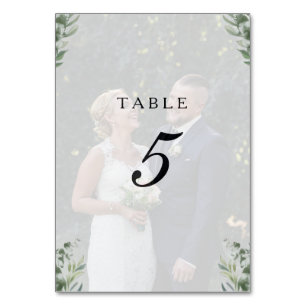 Moderne Boho Eukalyptusblätter & Foto Hochzeit Tischnummer
