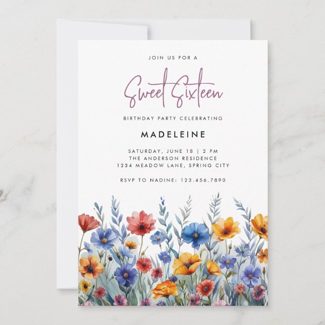 Moderne Boho farbenfrohe Wildblumen 16 . Geburtsta Einladung (Vorderseite)