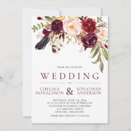 Moderne Boho Feathers Marsala Floral Wedding Einladung