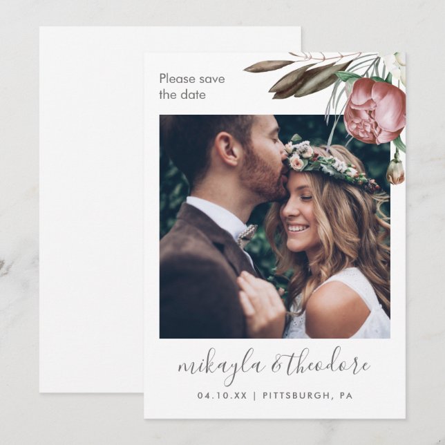 Moderne Boho Floral Foto Hochzeit Save The Date (Vorne/Hinten)
