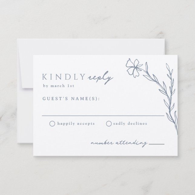 Moderne Boho-Floral-Kontur in Dusty Blue on Kraft RSVP Karte (Vorderseite)