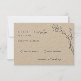Moderne Boho-Floral-Kontur in Dusty Blue on Kraft RSVP Karte