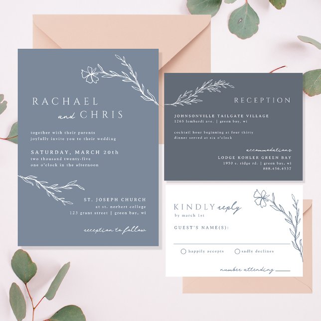 Moderne Boho Floral Kontur in Dusty Blue Wedding Einladung (Von Creator hochgeladen)