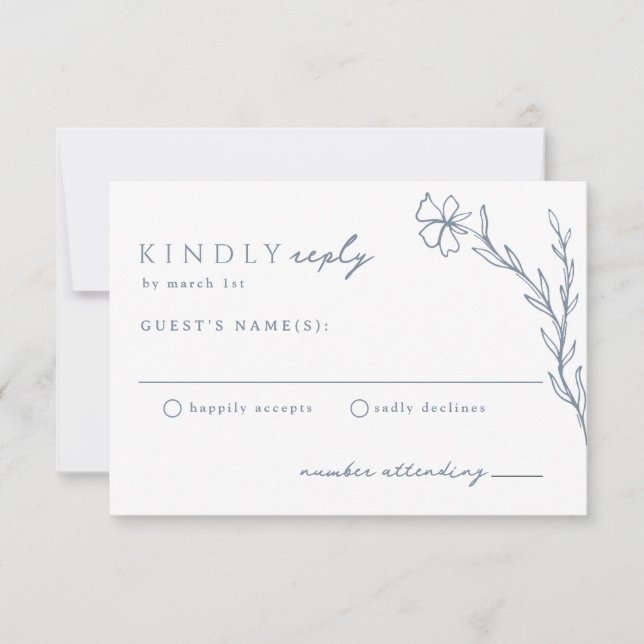 Moderne Boho Floral Kontur in Dusty Blue Wedding RSVP Karte (Vorderseite)