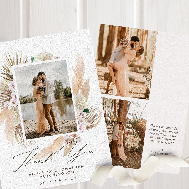 Moderne Boho Floral Multi-Foto Hochzeit Dankeskarte (Von Creator hochgeladen)