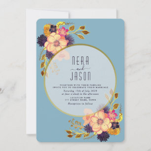 Moderne Boho Floral Peach und Blue Wedding Einladung