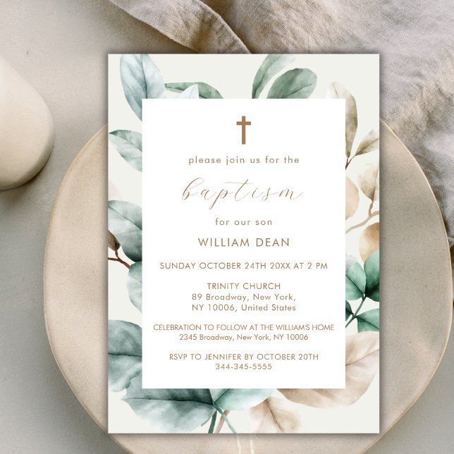 Moderne Boho Greenery Cross Taufe Einladung (Modern Boho Greenery Cross Baptism Invitation)